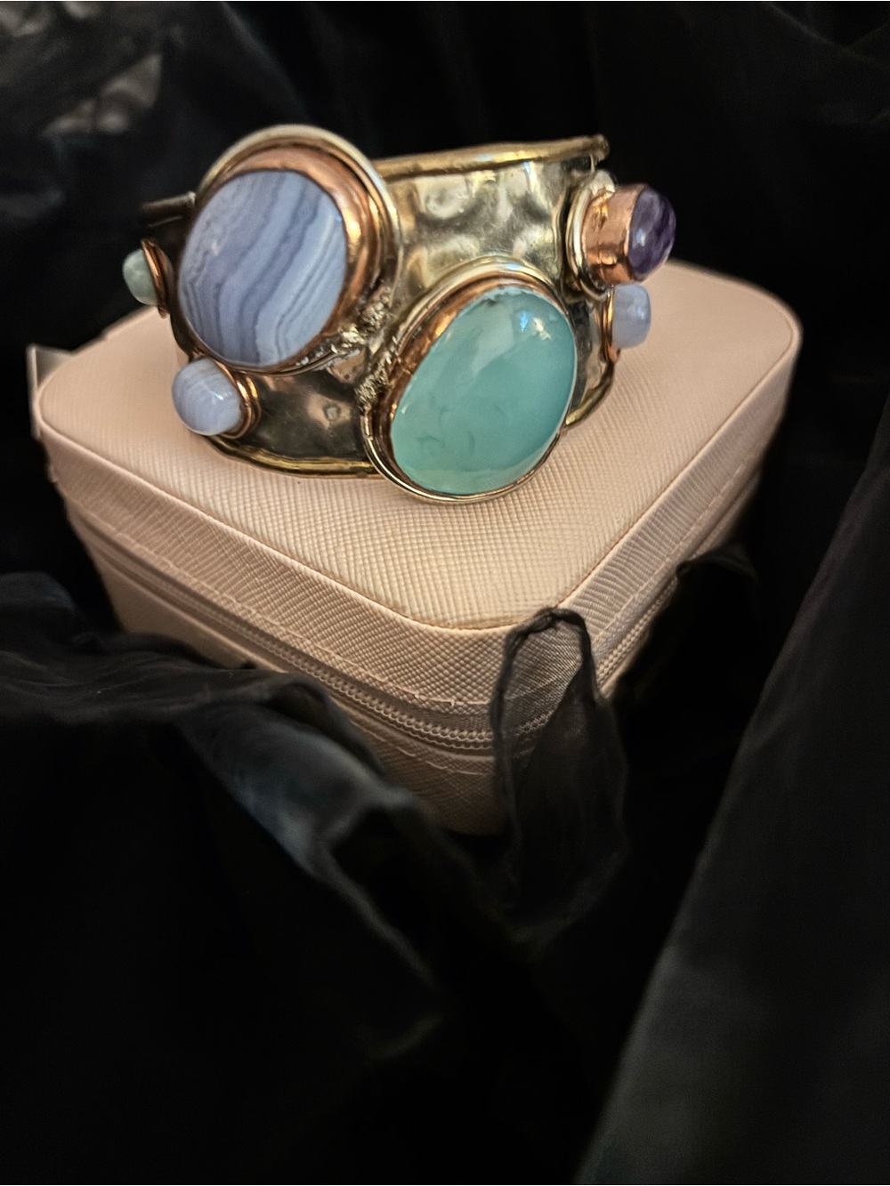 Handcrafted Gold-Tone Cuff Bracelet with Aquamarine and Pastel Blue Stones